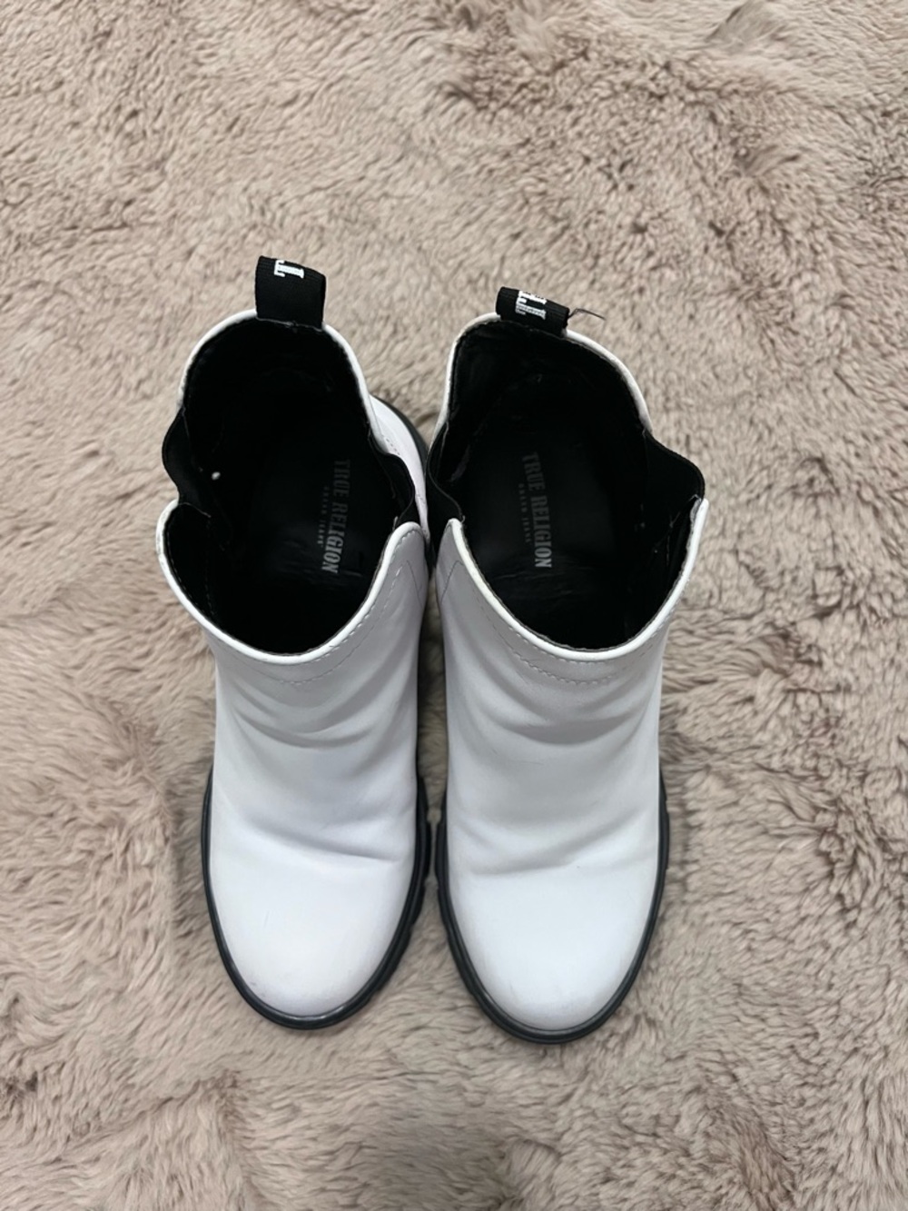 True Religion White Leather Chelsea Ankle Boots with Black Trim